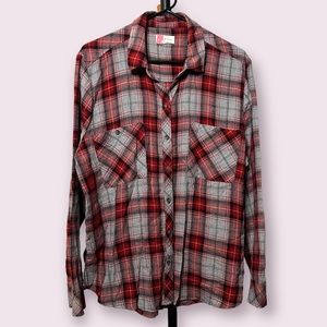Lucky Brand Red and Gray Plaid Button Down Shirt